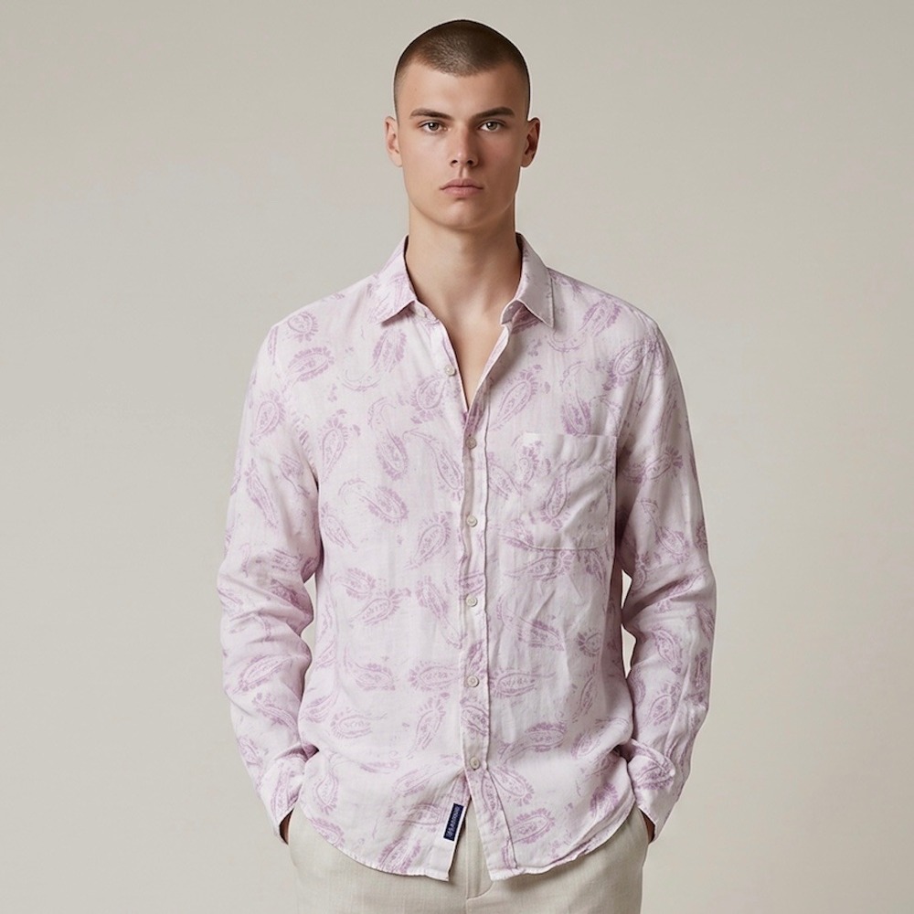 Zegna Sport Shirt Mens S Small Linen Button Down Purple White Paisley Luxury